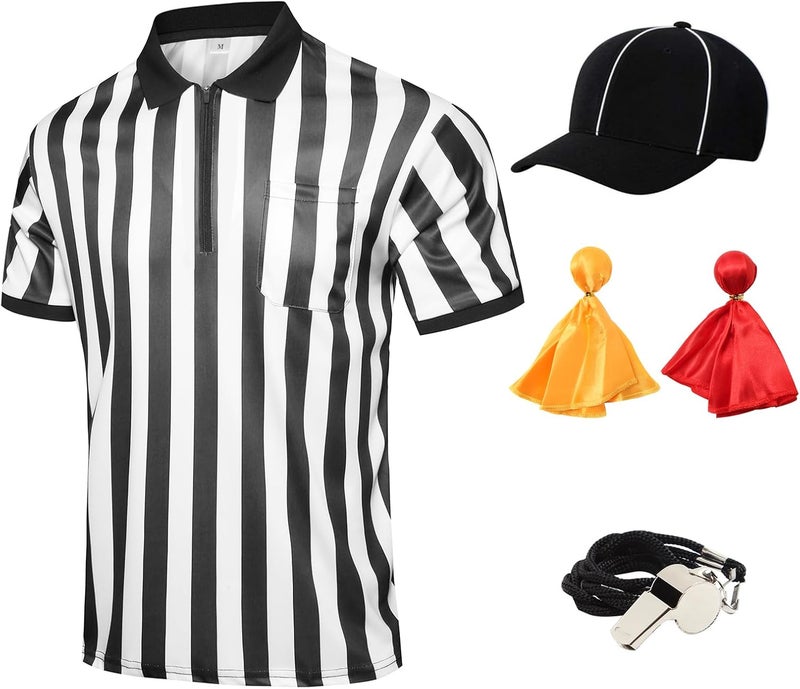 redgino Store 5 Pcs Men's Referee Costume Kit Official Referee Shirt Womens Ref Hat Whistle Yellow Red Penaltys Flag for Football Halloween - Image 1